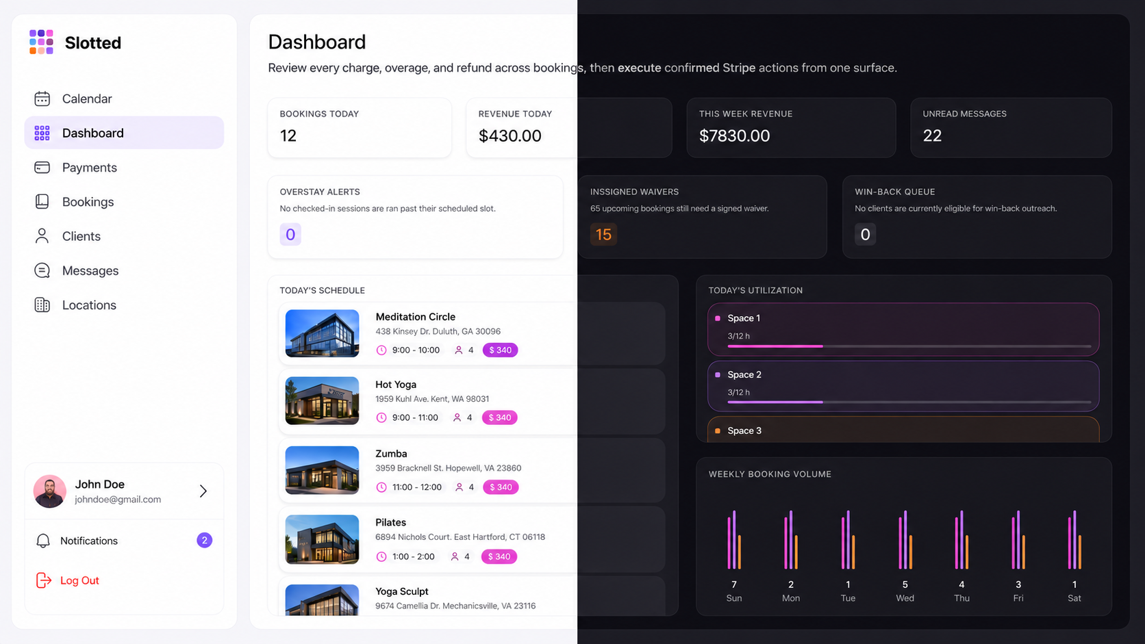 Slotted dashboard showing studio booking management and room-level scheduling.